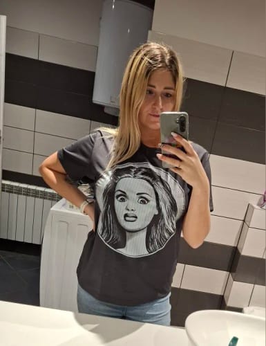 Customer photo review of Disgusted Doll Face Shirt Funny Meme Shirt Cursed Image Graphic Tee Summer Men's and Women's Loose and Breathable T-shirt Top
