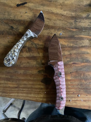 Customer's two finished custom knives, showing the result of using the flexible ceramic sanding belts.