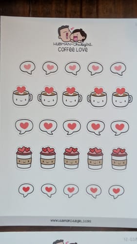 Customer's sheet of Coffee Love Planner Stickers showing cute coffee cup and heart designs.