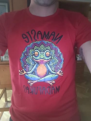 Customer photo review of Funny Yoga T Shirt Frog Self Care T-Shirt Cotton Short Sleeve Positive Cottagecore Namaste Tee Men Women Mens Clothes Streetwear