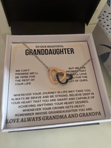 Customer's 'To My Granddaughter' gift set showing the interlocked hearts necklace in its presentation box with a message card.