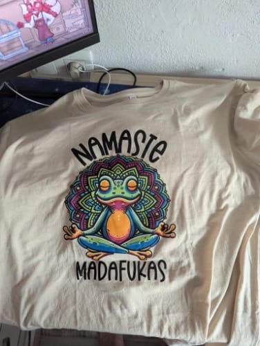 Customer photo review of Funny Yoga T Shirt Frog Self Care T-Shirt Cotton Short Sleeve Positive Cottagecore Namaste Tee Men Women Mens Clothes Streetwear