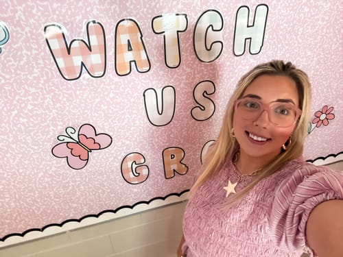 Customer photo review of Junior Year – Pink Composition Notebook Bulletin Board Paper 25ft. | Schoolgirl Style x Fadeless®