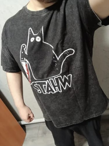 Customer photo review of COOLMIND DB cat Printed Cotton Acid Washed Exclusive Graphic Unisex T Shirt Cool Streetwear Men Tshirts Big Size Tee for men