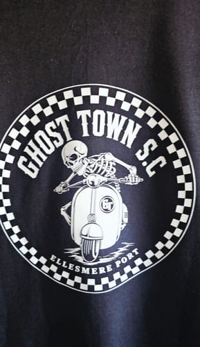 Close-up of the custom graphic on the customer's black unisex t-shirt.