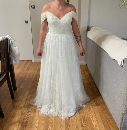 Customer photo review of Off-Shoulder Pearl Embellished Lace Wedding Dress
