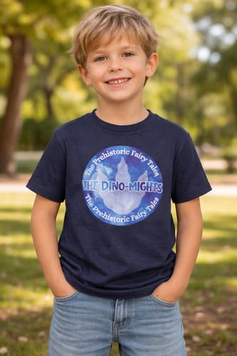 Customer wearing a navy blue Everyday tee with a custom 'The Dino-Mights' logo on the front.