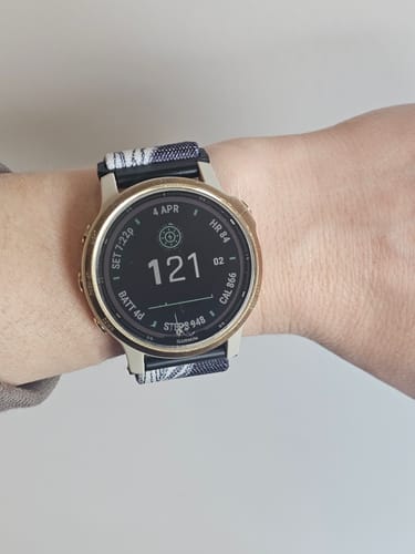 Reviewer wearing The Mountains Are Calling Watch Band on a Garmin fenix 6s Pro watch.