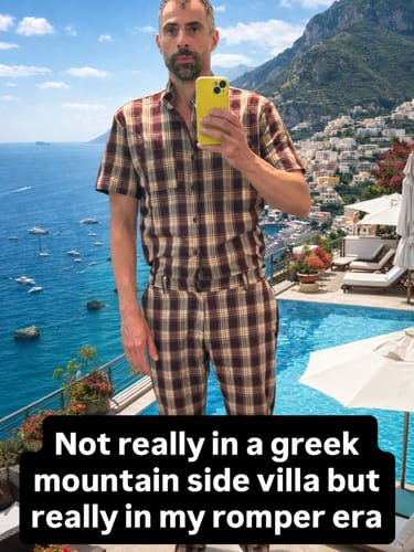 Reviewer taking a mirror selfie in their short-sleeved, plaid Mystery Romper.