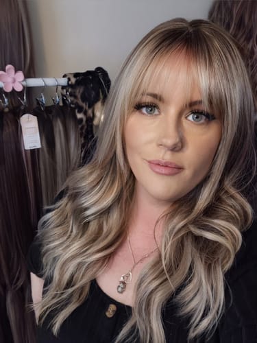 Customer photo review of JBEXTENSION 22 Inches Scalpiana Blonde Highlight 3.5X4 Hard Silky Top Natural Scalp Effect Women Wig With Bangs CLAIRE SILKY TOP BLONDE HIGHLIGHT