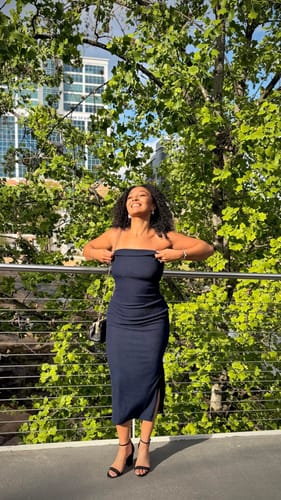 Customer photo review of Blue Strapless Spandex Bodycon Maxi Tube Slit Dress