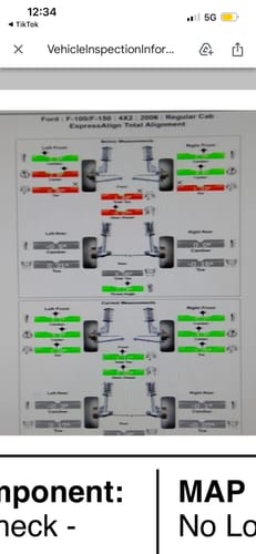Customer's alignment report before and after installing the Upper Control Arms. Before measurements are red, after are all green.