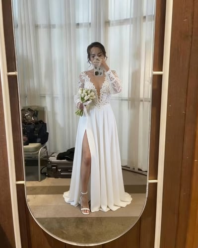 Customer photo review of Long Sleeve Sexy Slit V-neck Chiffon Bridal Simple Wedding Dress