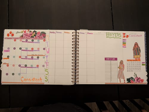 Customer's open Nancy Planner showing the monthly and weekly layout, decorated with colorful stickers and handwritten notes.