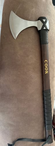 Customer's engraved Viking Axe 'Vindflaug' featuring gold 'COOK' lettering and black leather wrapping on the handle.