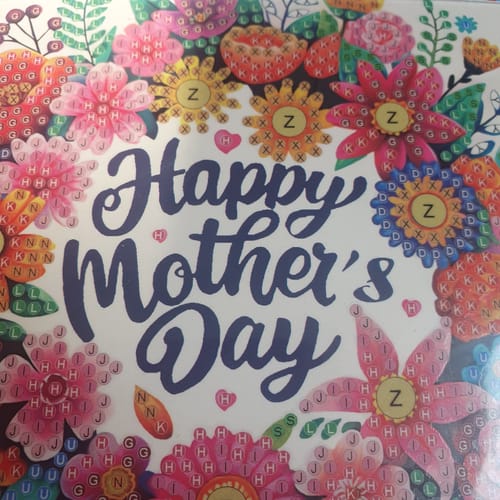 Customer's close-up of the Happy Mother's Day Crystal Art Card template, showing the colorful floral design before completion.