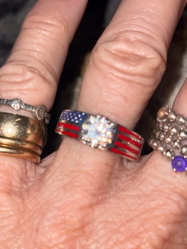 Customer photo review of Round Moissanite Engagement Ring with American Flag Enamel Band