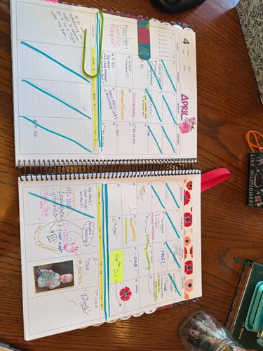 Reviewer's open Nancy Planner showing a filled-out April monthly spread with notes, highlights, and a photo.