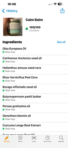 Reviewer's screenshot from an app showing Calm Balm with a perfect 100/100 'Excellent' score for its ingredients.
