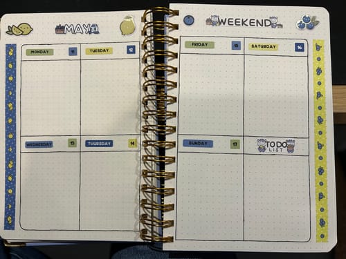 Reviewer's weekly planner layout using lemon-themed washi tape and header stickers from their Ultimate Subscription.