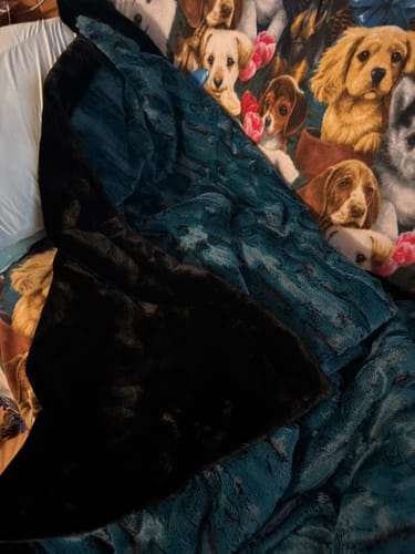 Reviewer's plush adult size blanket with a solid black side and a textured blue-green side, draped on a bed.