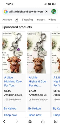 Reviewer's screenshot of online listings for the 'A Little Highland Cow For You' keychain.