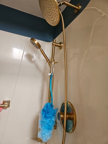 Customer's installed 1-Handle Shower System with a dual shower head and slide bar, shown in a brushed gold finish.