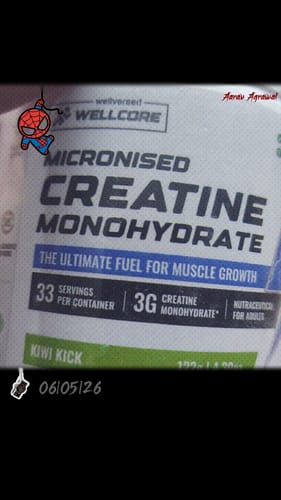 Customer's close-up of the Wellcore Micronised Creatine Monohydrate packaging, showing the Kiwi Kick flavor.