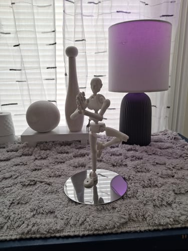 Customer's BLIZZARD Stickybones figure in a tree pose on its reflective stand on a textured mat.