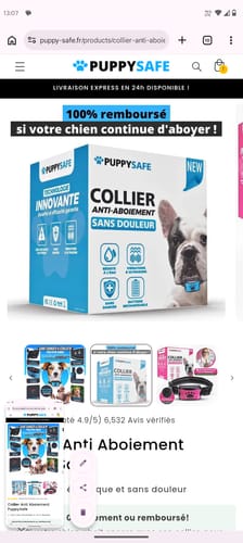 Capture d'écran d'un client montrant la page produit du collier anti-aboiement PuppySafe.