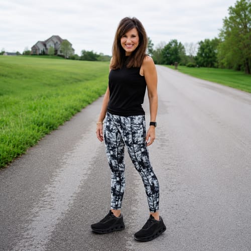 Reviewer standing on a paved road wearing black Cosmos orthopedic walking shoes with activewear.