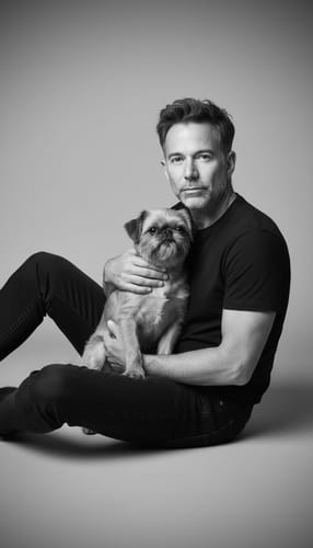 Customer's black and white portrait with a dog, submitted for their Nylon Mesh Boxer Briefs review.