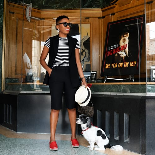 Reviewer's red Soleva Comfort Loafers shown with a stylish casual outfit.