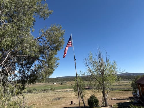 Customer's Heavy Duty American Nylon Flag flying on a flagpole in a rural area.