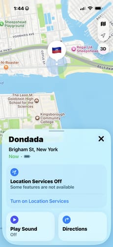 Customer's screenshot of the SPOTMINDERS Tracking Card in the Find My app, showing its location on a map.