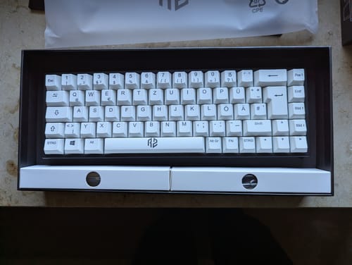 Rezensent zeigt die weiße RZ 65 HE Gaming-Tastatur in der Originalverpackung.
