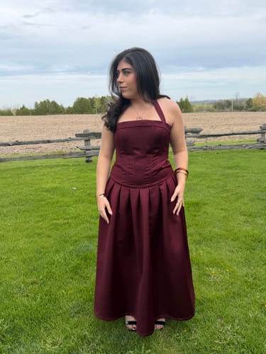 Customer photo review of Dakota Dress in Wine by Elle Zeitoune - RENTAL