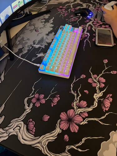 Kunde zeigt das RZ Mousepad Sakura Black auf einem Schreibtisch mit einer leuchtenden Tastatur.