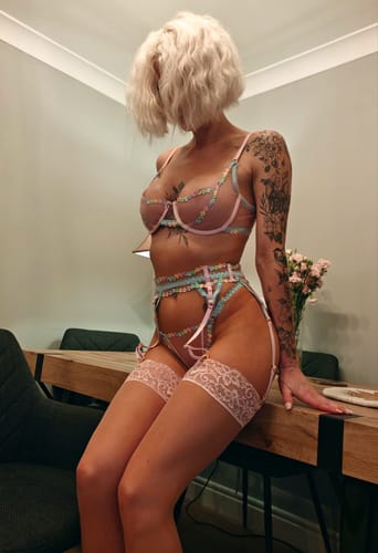 Customer photo review of Kiss and Tell Suspender – Rainbow Embroidered Sheer Mesh Suspender Belt