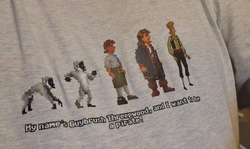 Reviewer's grey t-shirt with a graphic showing the pixelated evolution of a character and text underneath.