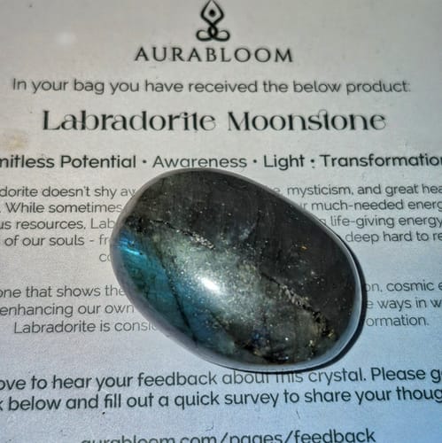 Reviewer's polished Labradorite Moonstone showing iridescent blue flashes, resting on a descriptive card.