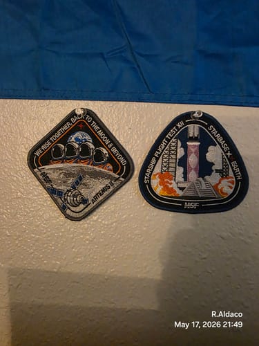 Customer's embroidered Starship Flight 12 Collectors Patch shown next to another space mission patch from their collection.
