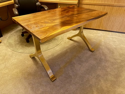 Customer's Gold Table Legs supporting a finished desk with a lovely natural wood top.