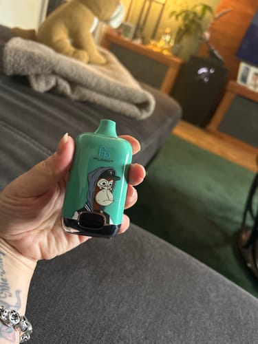 Ein Kunde hält seine türkise RANDM DIGITAL BOX 12000 Vape in der Hand und zeigt das Cartoon-Affen-Design.