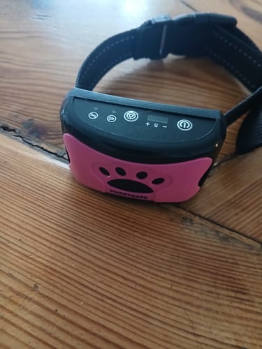 Un client montre le collier anti-aboiement PuppySafe rose et noir, posé sur une surface en bois.