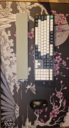 Ein Rezensent zeigt sein großes RZ Mousepad Sakura Black auf einem Schreibtisch mit Tastatur und Maus.