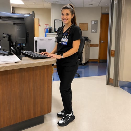 Reviewer in a clinic wearing black and white Ortho Balance™ nursing shoes.