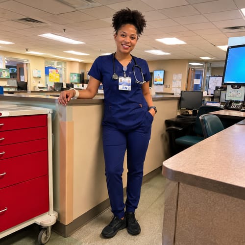 Reviewer standing at a hospital nurses' station wearing black Ortho Balance™ shoes.