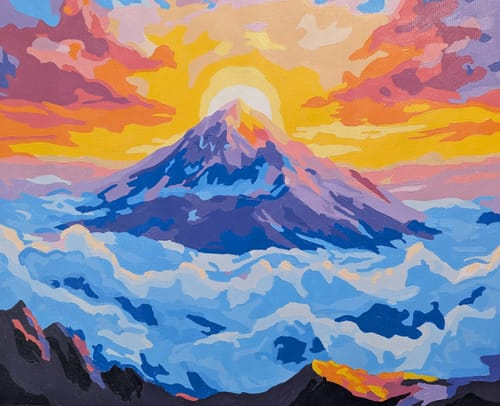 Reviewer's completed Clouded Summit paint-by-numbers artwork showing a colorful mountain sunrise over clouds.