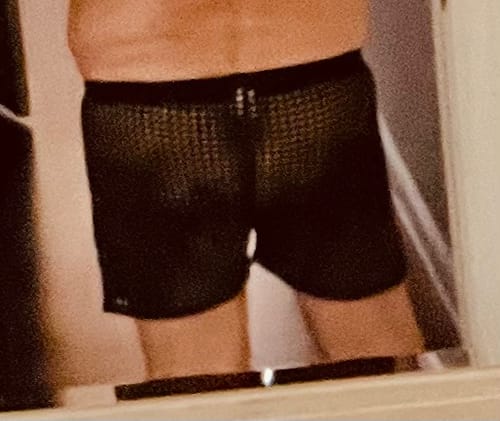 Customer photo review of 2 Pack Men's Mesh See-Through Shorts with Drawstring Waist